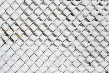 Snowy fence, Wire fence close-up covered in snow during a heavy