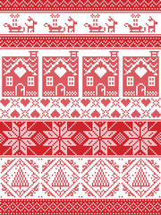 Seamless Scandinavian Textile style, inspired by Norwegian Christmas, festive winter seamless pattern in cross stitch with gingerbread house, Christmas tree, heart, reindeer, sleigh, present, ornament
