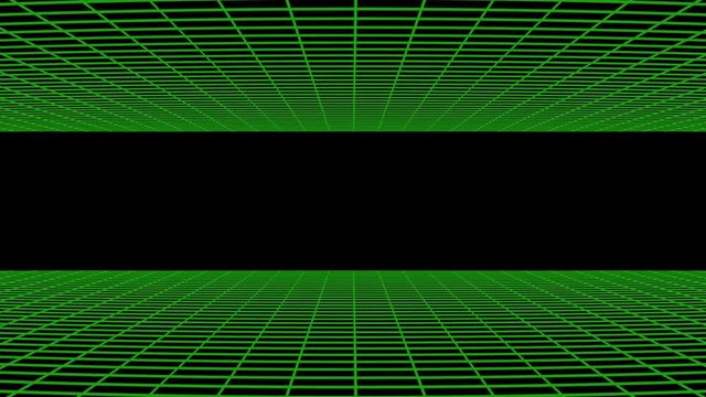 Green wireframe planes move towards camera.