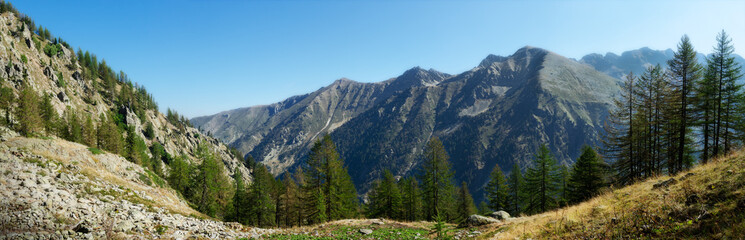Mountain peaks panorama in Maritime Alps Park in Italy, valley of river Stura