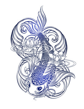 Hand drawn Asian spiritual symbols - koi carp with lotus and waves. It can be used for tattoo and embossing or coloring