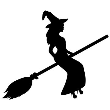 Young witch flying on a broomstick silhouette