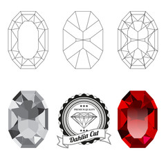 Set of dahlia cut jewel views isolated on white background - top view, bottom view, realistic ruby, realistic diamond and badge. Can be used as part of logo, icon, web decor or other design.