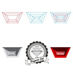 Set of trapeze cut jewel views isolated on white background - top view, bottom view, realistic ruby, realistic diamond and badge. Can be used as part of logo, icon, web decor or other design.