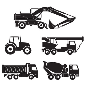 Construction trucks icons set isolated on white background. Vector collection of heavy equipment: Concrete mixer truck, Truck crane, Dump truck, Tractor and Excavator.