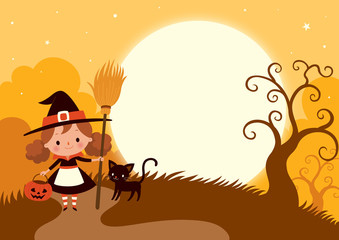 Halloween full moon night background with cute witch and black cat.