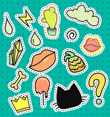 Set patch badges. Cartoon patches collection lips, ice, cactus, lightning, crown, fruit pineapple, stone diamond. Design element vector illustration