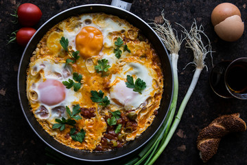 Turkish Breakfast Menemen / Omelette (Fried Eggs) with Tea.
