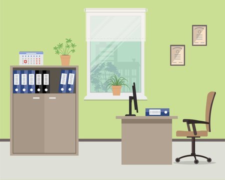 Workplace of office worker. Vector flat illustration. On the picture the desktop, case for documents, a chair, computer and other objects in beige color are situated on a window background