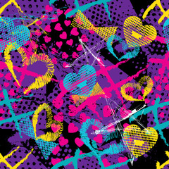 Abstract seamless pattern for girls,boys.Creative vector background with hearts, stars, geometric figures.Funny wallpaper for textile and fabric.Fashion style.Colorful bright Pink,yellow,purple