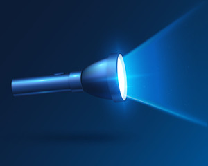 Blue realistic shining vector flashlight in darkness - obrazy, fototapety, plakaty