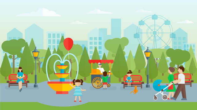 City Park With People Flat Design