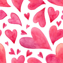 Pink watercolor painted hearts vector seamless pattern