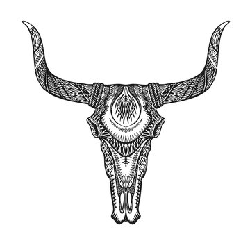 Decorative bull skull in tattoo tribal style. Hand drawn vector illustration