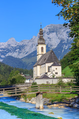 Fototapeta na wymiar Chirch St. Sebastian in Ramsau Bavaria in the morning, long time