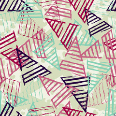 Obraz premium Abstract seamless pattern for girls,boys.Creative vector background with hearts, triangle, geometric figures.Funny wallpaper for textile and fabric.Fashion style.Colorful bright Pink, yellow, purple