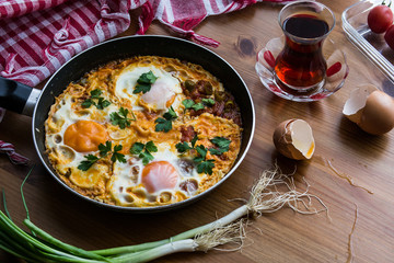 Turkish Breakfast Menemen / Omelette (Fried Eggs) with Tea.