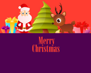 Lilac Poster Merry Christmas with Santa Claus and deer. Vector illustration