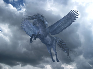 Black Pegasus in Blue Sky - A black Pegasus horse rises on powerful wings up into a blue sky with billowing white clouds.