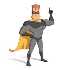 Superhero in the mask, the index finger up.