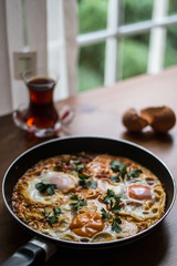Turkish Breakfast Menemen / Omelette (Fried Eggs) with Tea.