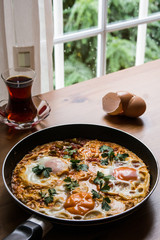 Turkish Breakfast Menemen / Omelette (Fried Eggs) with Tea.