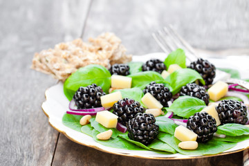 Seasonal  leaf salad with cheese and blackberries