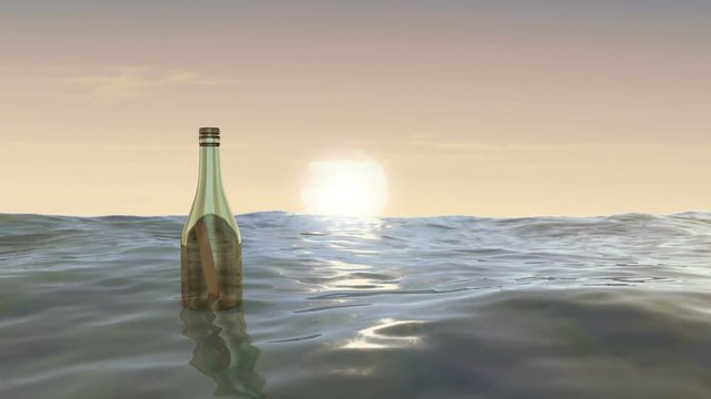 Drifting bottle with message from left to right at sunset.