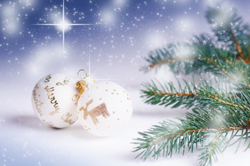 Fototapeta na wymiar Christmas background, decoration and spruce branches. Christmas balls on a white background. Soft focus. Sparkles and bubbles. Abstract background. Modern. 