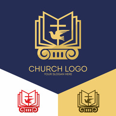 Church logo. Christian symbols. The Bible, the cross of Jesus and the Holy Spirit (a dove).