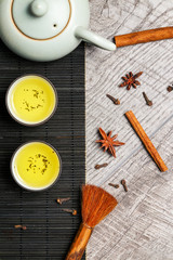 2 cups with Japanese green tea on a wooden table
