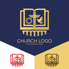 Church logo. Christian symbols. Bible, crown of thorns, the cross of Jesus and the Holy Spirit (a dove).
