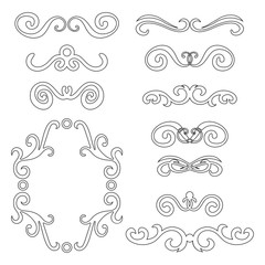 Set of black thin line abstract curly headers, design element set isolated on white background. Hand drawn black swirls. Floral round frame, wreath, dividers, calligraphic shapes. Vector illustration.