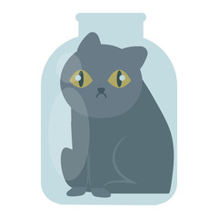 Glass jar with cat design delicious beverage drink funny concept. Vector bank with color doodle cat funny happy eating vector. Cat in jar pet card element creative kitchenware concept.
