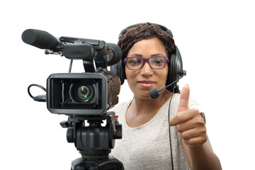 young African American women with professional video camera