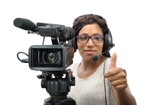 young African American women with professional video camera
