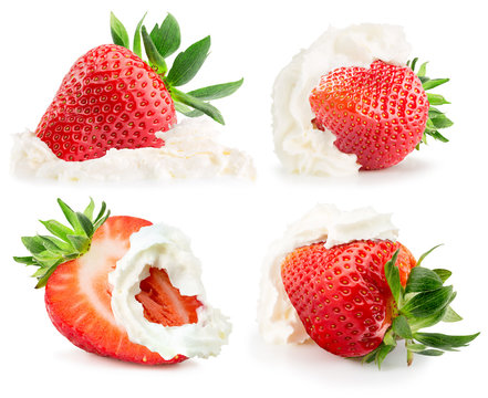 collection of strawberries with whipped cream on the white backg