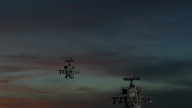 Two apache gunships flying against dramatic sky