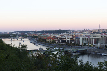 Evening Prague City with its Bridges and Towers above River Vltava, Czech Republic