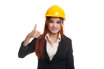 Asian engineer woman show thumbs up.