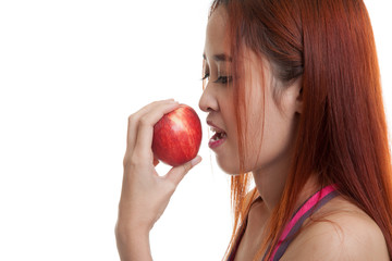 Beautiful Asian healthy girl with red apple.