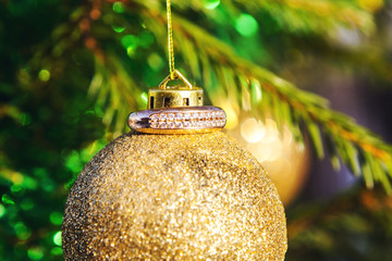 Золотое кольцо на золотом елочном шаре, который висит на зеленой елке. © Valeriia