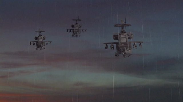 Three apache gunships flying against dramatic sky, one explodes