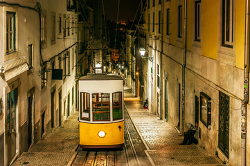Night view of The Bica Funicular, in the old town of Lisbon, capital of Portugal