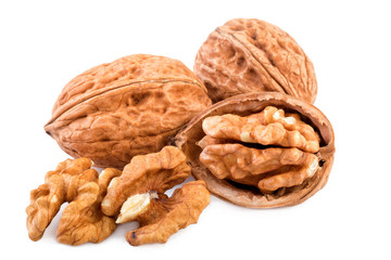 Nuts whole and shelled walnuts isolated on white background