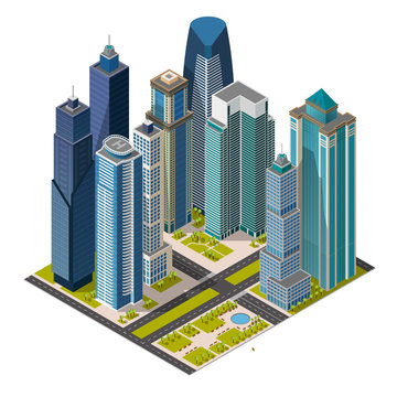 Isometric City, Dubai Skyscraper 3d View, Park, Street, Office Buildings Vector Illustration