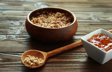 Natural scrub ingredients on wooden background