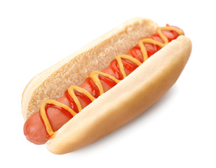 Hot Dog with mustard and ketchup, isolated on white
