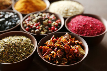 Different spices in bowls, closeup