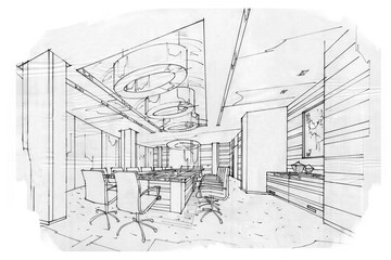 sketch interior perspective meeting room, black and white interior design.